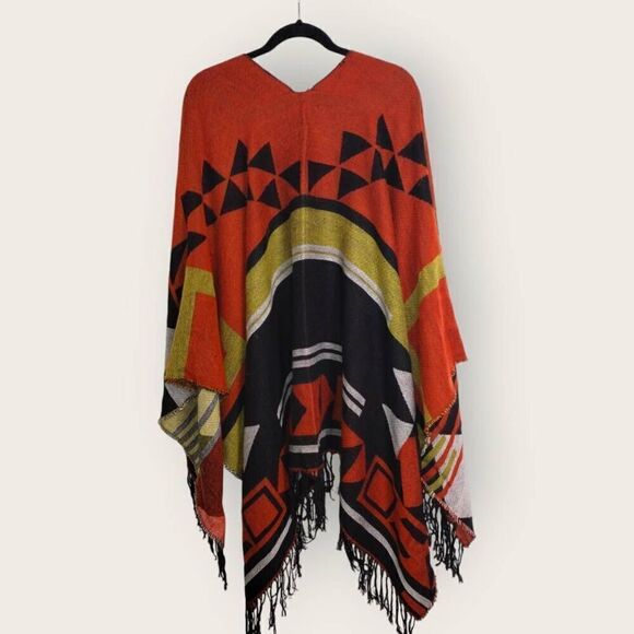 Marc New York Poncho Southwestern Cape One Size Black Rust Earthy Western Gorp‎ - Picture 3 of 13